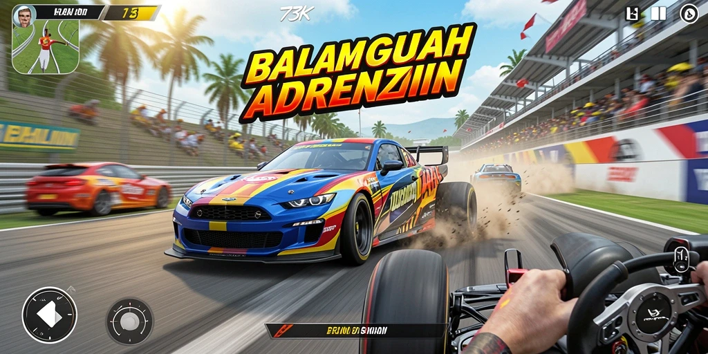 Screenshot utama 73K menampilkan aksi balap yang mendebarkan.