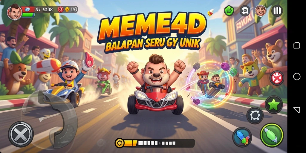 Tampilan gameplay MEME4D yang seru dan penuh aksi balapan.