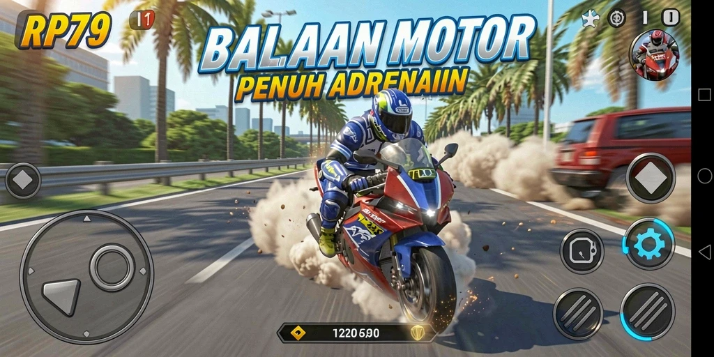 Tangkapan layar RP79 menampilkan balapan motor yang mendebarkan.